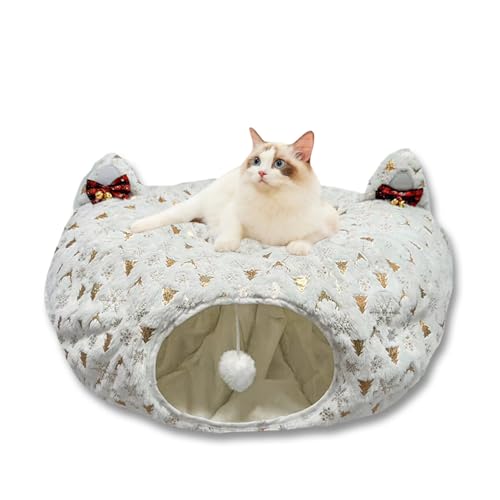 CHUN.F Comfort Cat Donut Tunnel für Weihnachtsbaum - Weihnachten Themed Cat Tube für Ferienzeit - Ultraweicher Plüsch Samt Niedlicher Katzenbaum Tunnel Rock mit Ball Spielzeug - Rutschfeste Unterseite von CHUN.F
