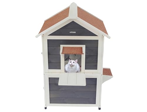 CHURRZZ Katzenhaus aus Holz für drinnen und draußen, 2-stöckig, Katzennest, Unterschlupf, wetterfest, 2 Fluchttüren, atmungsaktives Fenster CHURRZZ Katzenhaus aus Holz für drinnen und draußen, 2-stöckig, Katzennest, Unterschlupf, wetterfest, 2 Fluchttüren, atmungsaktives Fenster von CHURRZZ