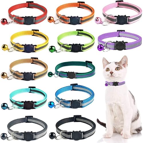 Reflektierende Katzenhalsbänder, verstellbar, mit Glöckchen und Sicherheitsverschluss, passend für alle Hauskatzen und größere Kätzchen, 12 Farben von CHXILING