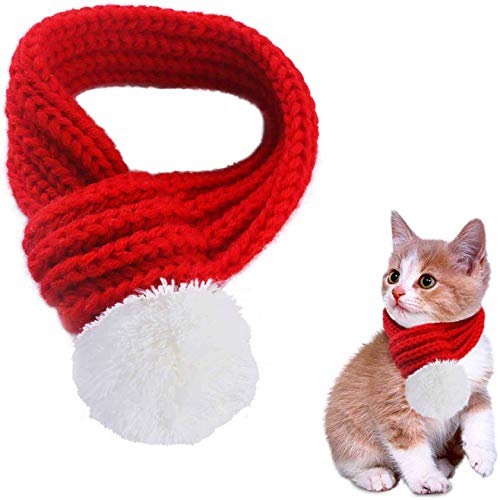CHYIR 2-teiliges Haustier-Weihnachts-Schal mit weißen Pompons, warm gestrickte Kapuze für Hunde und Katzen, Party-Dekoration, Zubehör für kleine und mittelgroße Hunde von CHYIR