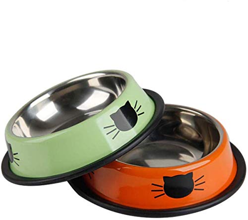 Katzennapf, 2 Futternäpfe in Lebensmittelqualität, Edelstahl Anti-Rutsch Katzennapf, beschichtet mit niedlichen Katzen für kleine und mittelgroße Kaninchen (grün + orange) von CHYIR
