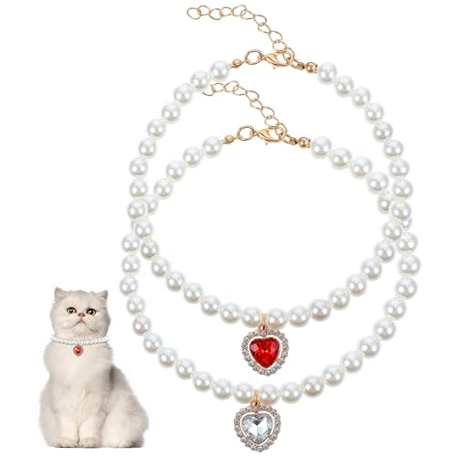 2 Stück Hundeperlen-Halskette mit verstellbarem Design, elegantes Perlen-Hundehalsband mit Herz-Diamant, Katzenhalsband für Mädchen, Katzen, Welpen, Chihuahua, Zwergspitz, Perlen-Halskette für 2 Stück Hundeperlen-Halskette mit verstellbarem Design, elegantes Perlen-Hundehalsband mit Herz-Diamant, Katzenhalsband für Mädchen, Katzen, Welpen, Chihuahua, Zwergspitz, Perlen-Halskette für von CIATBYYJ