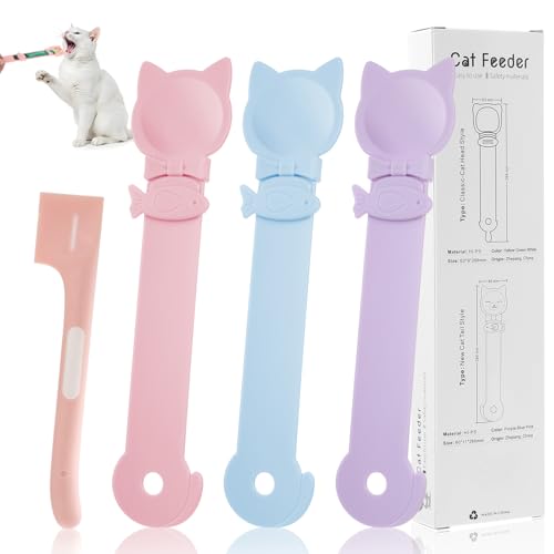 Katzen-Löffel, gestreift, Quetschlöffel, Katzenkopf-Form, Leckerli-Spender, einfacher Griff, für Familienfütterung, Multi-Kätzchen, Reisen, 4 Stück (lila, rosa, blau) von CIATBYYJ