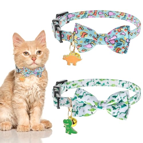 2 Stück Katzenhalsband mit Glocke und Sicherheitsverschluss,Dinosauriermuster Halsband Katze,Fliege Verstellbar Cat Collar für Kätzchen und Welpen von CIATBYYJ