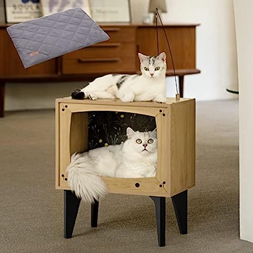 Katzenhaus Aus Holz Für Katzen, Katzenbett, Für Den Innenbereich, TV-förmig, Robust, Groß, Luxuriös, Katzenunterschlupf, Möbel Mit Kissen, Katzenkratzer, Glocke, Ball, Spielzeug,Braun,18,1 * 11,4 von CIRC