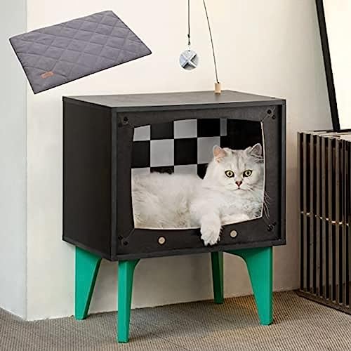 Katzenhaus Aus Holz Für Katzen, Katzenbett, Für Den Innenbereich, TV-förmig, Robust, Groß, Luxuriös, Katzenunterschlupf, Möbel Mit Kissen, Katzenkratzer, Glocke, Ball, Spielzeug,Grün,18,1 * 11,4 * von CIRC