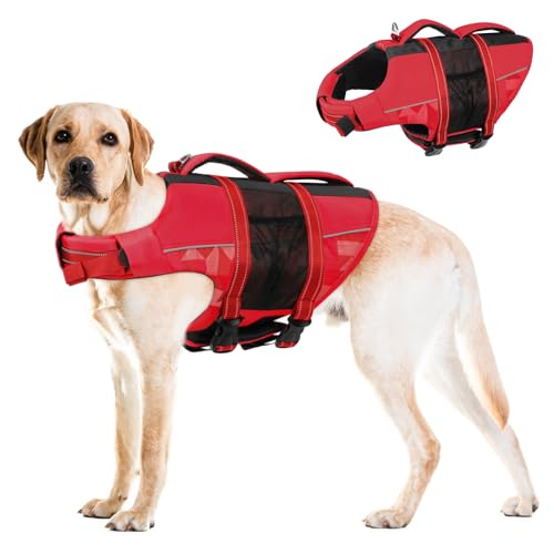 CITÉTOILE Schwimmweste Hund, Hunde Schwimmweste mit Griff und Reflektierend, Rettungsweste für Kleine Mittlere und Große Hunde mit Guter Auftrieb, Leicht und Sicher für Wassersport Rot L von CITÉTOILE