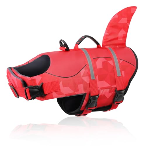 CITÉTOILE Schwimmweste Hunde Hai, Leicht und Sicher für Wassersport, hundeschwimmweste mit Griff und Reflektierend für Kleine Mittlere und Große Hund, Dreiecksmuster, Rot, S von CITÉTOILE