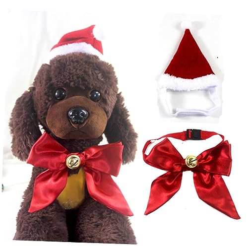 CIYODO 1 Satz Haustier-weihnachtsmütze Glocke Fliege Kragen in Schleifenform Weihnachten Haustier Hut Hundehalsband Mit Glocke Katzenhalsband Bowtie Hüte Weihnachtskatze Rot Einstellbar von CIYODO