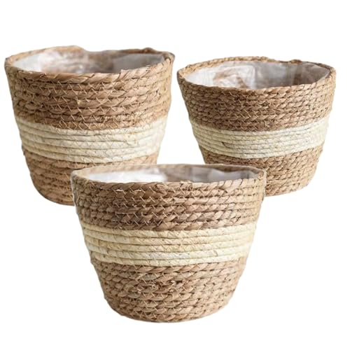 CIYODO 3 Stück Blumentopfkorb aus Stroh ablagekörbe kühlkorb einkaufskorb waschkorb Gras Pflanzenkörbe drinnen Bad zimmerpflanzen blumenbank geflochtene Aufbewahrungskörbe Blumenkorb PVC von CIYODO