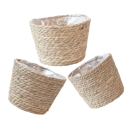 CIYODO 3 Stück Blumentopfkorb aus Stroh geflochtener Pflanzkorb Pflanzentopfbehälter wundermuschel ablagekörbe waeschekorb geflochtene blumentöpfe drinnen Blumenkorb-Desktop- PVC von CIYODO
