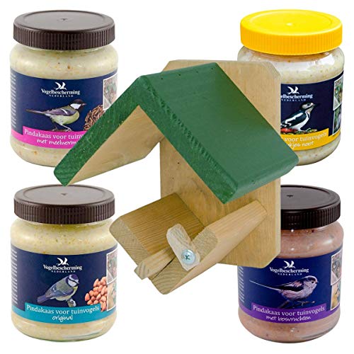 Erdnussbutter für Gartenvögel - Set (4 x 330g) + Erdnussbutter-Glashalter aus Holz von CJ Wildlife