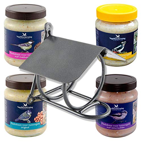 CJ Wildlife Erdnussbutter für Gartenvögel - Set (4 x 330g) + Erdnussbutter-Glashalter aus Metalldraht von CJ Wildlife