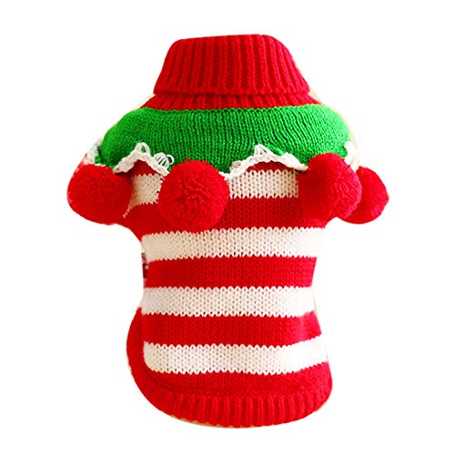 Gestreifter Weihnachtspullover für Welpen, Winterwelpen, dicke Farben, warme Haustierkleidung, Rollkragen-Strickpullover mit flauschigen Bällen – Rot und Weiß L von CJFael
