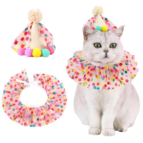 Bunte Punkte, Haustier-Geburtstagsmütze, Schal, schöne Katzen-, Welpen-Prinzessin-Kostüme, niedliche Spitzen-Outfits, Geburtstagsdekorationen für Kätzchen, Katzen, Welpen, Hunde (mehrfarbig) von CJKDXDH