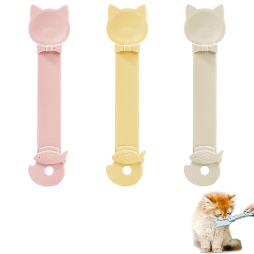 CJKDXDH 3 Stück Katzenstreifen-Futterschaufel, niedliche Katzenfutter-Schaufel, verschiebbare Haustier-Snack-Quetsch-Schaufel, leckbarer Spender für Nassfutter und Püree (Gelb Beige Rosa) von CJKDXDH