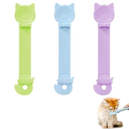 CJKDXDH 3 Stück Katzenstreifen-Futterschaufel, niedliche Katzenfutter-Schaufel, verschiebbare Haustier-Snack-Quetsch-Schaufel, leckbarer Spender für Nassfutter und Püree (Grün Blau Lila) von CJKDXDH
