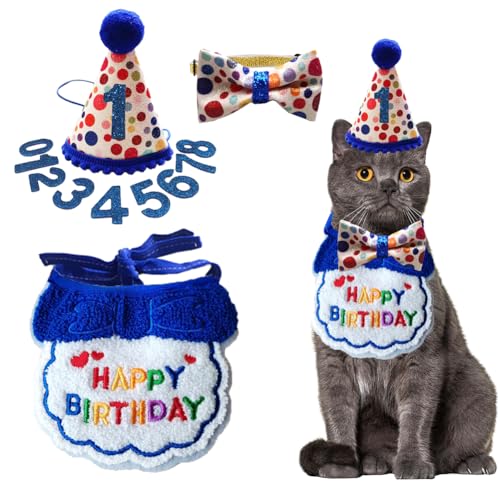 Geburtstagsdekoration für Katzen, Jungen, Mädchen, Katze, Geburtstag, Hut, Schal, Fliege mit Zahlen, niedliches Katzen-Welpen-Kostüm-Set, Geburtstagszubehör für Kätzchen, Katzen, Welpen, Hunde (blau) Geburtstagsdekoration für Katzen, Jungen, Mädchen, Katze, Geburtstag, Hut, Schal, Fliege mit Zahlen, niedliches Katzen-Welpen-Kostüm-Set, Geburtstagszubehör für Kätzchen, Katzen, Welpen, Hunde (blau) von CJKDXDH