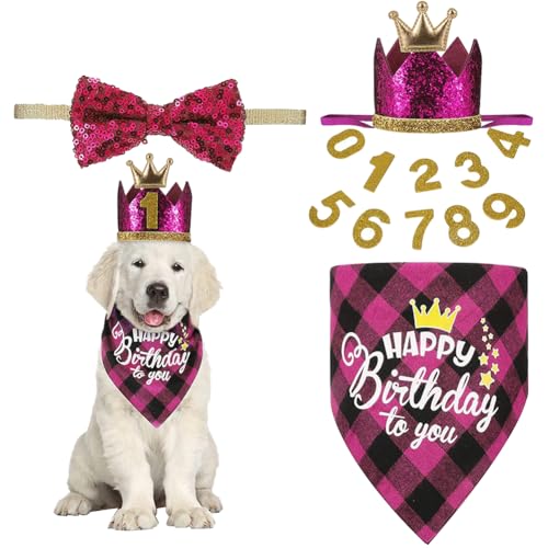 Hunde-Geburtstagsdekoration, Geburtstagshut, Schal, Fliege mit Zahlen, niedliches Hunde-Geburtstags-Outfit für kleine, mittelgroße und große Hunde, Haustier-Geburtstagszubehör (Rosarot) von CJKDXDH