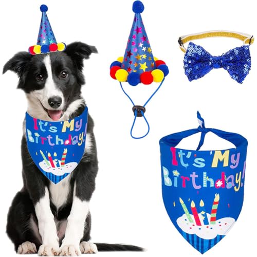 Hunde-Geburtstagsparty-Zubehör, niedlicher Hundehut, Schal, Fliege, Geburtstagstuch-Set für kleine, mittelgroße und große Hunde, Haustier-Geburtstagsdekoration (Königsblau) von CJKDXDH