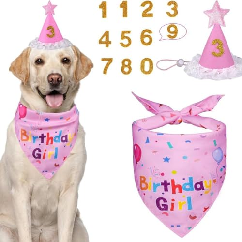 Hundegeburtstagsdekoration, Hundegeburtstagshut, Schal mit Zahlen, niedliches Mädchen/Hunde-Geburtstagstuch-Set für große, mittelgroße und kleine Hunde, Haustier-Geburtstagszubehör (Rosa) von CJKDXDH