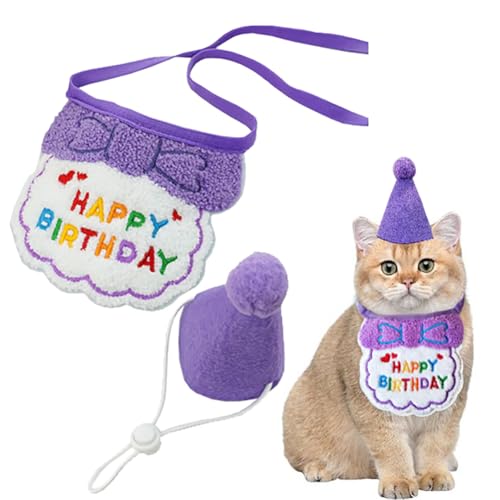 Katzengeburtstagsdekorationen, niedliches Welpengeburtstagshut, Schal, Set, schönes Kätzchen-Kostüm-Zubehör, Lätzchen-Halsband, Haustier-Outfits, Geburtstagszubehör für Katzen und Hunde (lila) von CJKDXDH