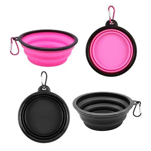 2 Stück Faltbare Hundenäpfe, Karabiner im, Auslaufsichere Reisenäpfe aus Silikon für Hunde und Katzen, Ideal für Wasser und Futter (350ml, Pink und Schwarz) von CJMUQHEHH