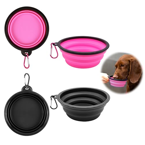 2 Stück Faltbare Hundenäpfe, Karabiner im, Auslaufsichere Reisenäpfe aus Silikon für Hunde und Katzen, Ideal für Wasser und Futter (350ml Mit Deckel, Pink und Schwarz) von CJMUQHEHH