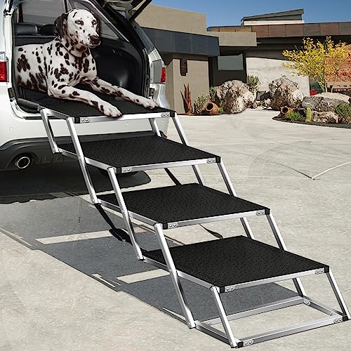 Extra Breit Hunderampe Auto Klappbar,Hundetreppe für Große Hunde Bis Zu 125kg, Leichtgewicht Aluminium Hundeleiter Mit Rutschfester Oberfläche, Faltbar Hundetreppe für Auto, Lastwagen Und SUV von CJYMMFAN