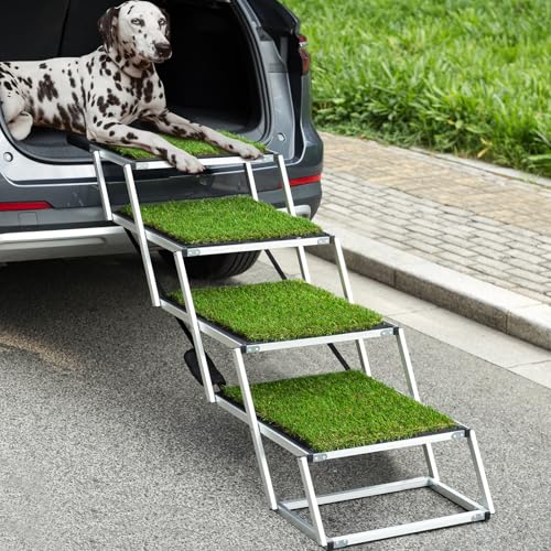 Extra breite Hundetreppe für große Hunde, leichte Aluminium-Rampe mit rutschfester Kunstrasen-Teppich-Oberfläche für Autos, SUV, Hochbetten und LKWs, unterstützt bis zu 125 kg von CJYMMFAN
