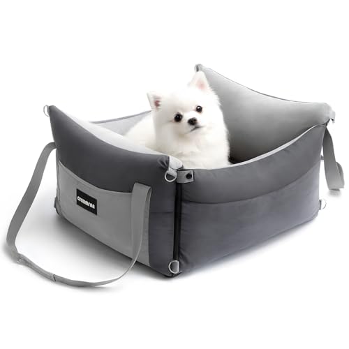 Premium Hundeautositz für kleine und mittelgroße Haustiere unter 15 kg, tragbares Reisebett mit ausziehbarer Ruhefläche, abnehmbarer und waschbarer Welpenerhöhung, Autositz mit Aufbewahrungstaschen von CJYMMFAN