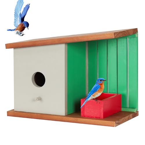 Bluebird Haus für draußen, Vogelfutterhaus zum Aufhängen im Freien, Holz-Vogelhaus für Rotkehlchen, Finken und andere Gartenvögel, Wildvogel-Nistkasten für den Außenbereich von CLACKIBUKVYZ