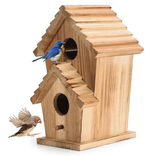 Vogelhäuser für den Außenbereich, aus Holz, 2 Löcher, für 2 Vogelfamilien, geeignet für Bluebird, Finken, Kardinäle, Garten, hängendes Vogelhaus von CLACKIBUKVYZ