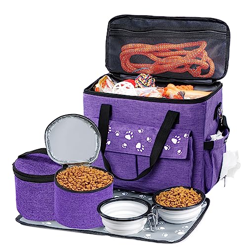 CLAWIST Hunde-Reisetasche, von Fluggesellschaften zugelassene Hundetaschen für Reisen, 2 Hundefutter-Reisebehälter und faltbare Näpfe, Wochenend-Hundetaschen für Zubehör, Übernachtung von CLAWIST