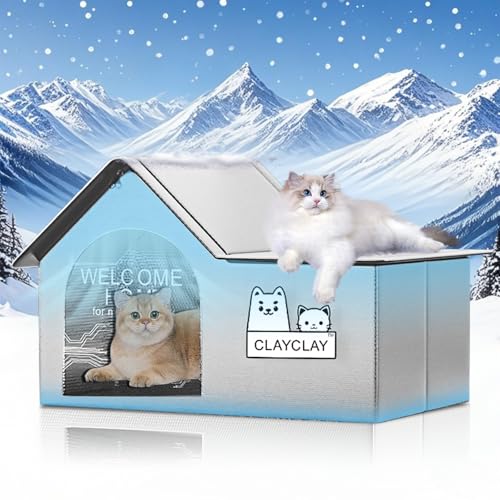 Beheiztes Katzenhaus mit Intelligentem Thermostat, Wetterfester Katzenheizungsunterstand für Indoor Outdoor Katzen, Faltbares Haustier Beheiztes Haus für Katzen & Kleine Hunde mit Abnehmbarem von CLAYCLAY