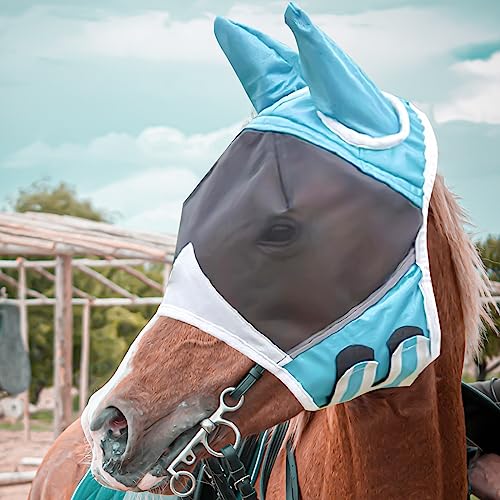 CLDURHGE Fliegenmaske Pferd UV Schutz, Fliegenmaske Pferde – Riding Super Fit Pferdefliegenmaske Pferde Fliegenmaske UV-Schutz mit Ohrenschutz, Ultimativer Schutz für Gesicht (L, Blau und weiß) von CLDURHGE
