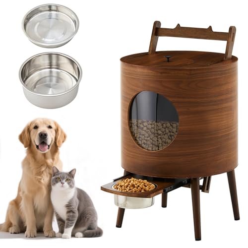 CLIPOP Erhöhte Futterstation mit Edelstahlschussel, Hundenapfständer mit Stauraum 6L, Semi-Automatic Futterspender mit Aufbewahrung, Futter-Kabinent für Hunde & Katzen von CLIPOP