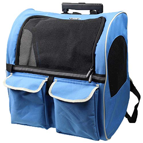 Cat Trolley Rucksackträger Tragbarer Haustierreiserucksack mit Rädern Atmungsaktives Leinen Teleskopgriff Gepäcktasche-Blue von CLQ