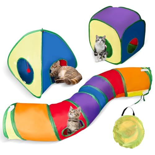 3 in 1 Regenbogen Katze Tunnel Spielzeug - Faltbare Katzen Spielen Tunnel Würfel Zelt, Katze Interaktives Labyrinth Spielzeug, Tunnel Spielzeug Geschenke für Haustiere Kätzchen Welpen Kaninchen von CMANLNYK