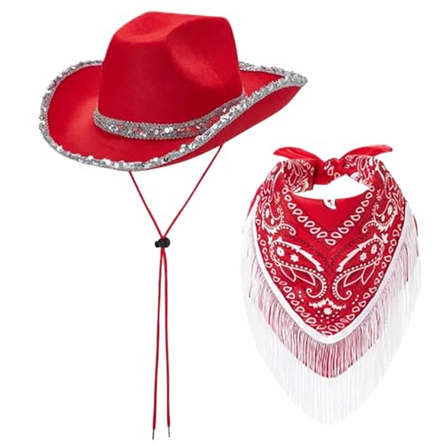 Cowgirl Hut mit Fransen-Bandana-Brandkanten-Pailletten Red Cowgirl Hut mit Kinngurt Nicht gewebten Western Cowboy für Cosplay, Halloween Kostüme Cowgirl Hut mit Fransen-Bandana-Brandkanten-Pailletten Red Cowgirl Hut mit Kinngurt Nicht gewebten Western Cowboy für Cosplay, Halloween Kostüme von CNAFGBGG
