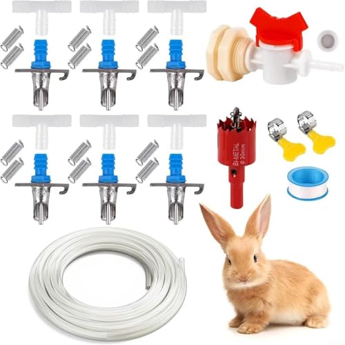 CNANRNANC Haustier-Kaninchen-Wasserflasche mit doppeltem Federauslauf, automatischer Trinkbrunnen für Käfig, Kaninchen, Geflügel, Bewässerungssystem (6-teiliges Set) von CNANRNANC