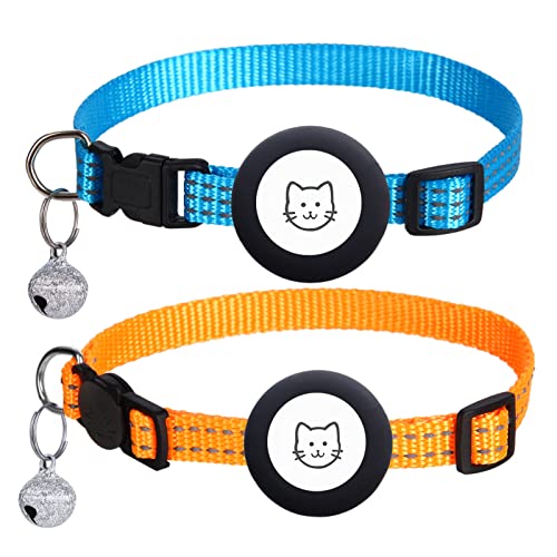 2 Stück Airtag-Katzenhalsbänder, Airtag-Katzenhalsband mit AirTag-Halterung, Anti-Verlust-GPS-Tracker-Zubehör für Katzen und kleines Haustier (orange + blau) von CNUORN