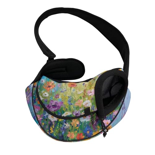 COEQINE Händefreies Tragetuch für Katzen, Regenbogenfarben, bunt, Blumenmuster, Vorderansicht mit lebendigen Blüten, sichere Clips, kleine Katzen, Picknick von COEQINE