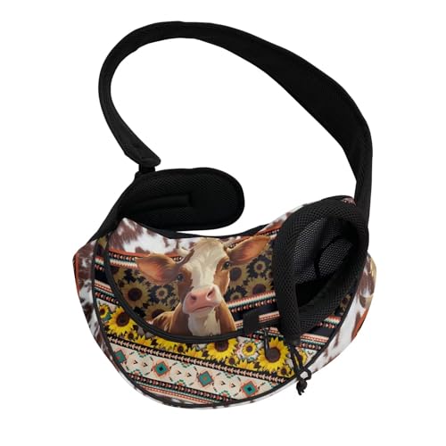 COEQINE Haustier-Tragetasche für kleine Hunde und Katzen, freihändiges Westernkuh, Sonnenblumen-Druck, Vorderansicht, Haustier-Umhängetasche, atmungsaktives Netzgewebe, kleine Katzen, Outdoor von COEQINE