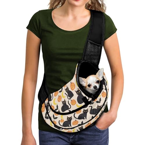 COEQINE Tragetasche für Welpen, verstellbarer Riemen, atmungsaktives Netzgewebe, für kleine Hunde, Outdoor-Spaziergänge, Reisetasche, freihändig, Halloween, Sommer, Kürbis, Katze von COEQINE