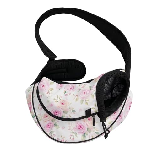COEQINE Tragetuch für kleine Hunde und Katzen, rosa Blumenmuster, Rose, Crossbody-Tasche, vorne gerichtet, Netztasche, Kordelzug, Hund, Papoose für draußen, nicht herunterfallen von COEQINE