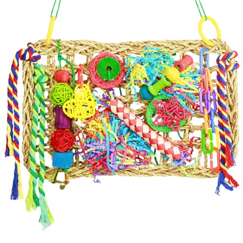 COHYVER Vogelspielzeug, Sittichspielzeug, Grasmatte, Futterspielzeug für Liebstittiche, Sittiche, Vogelfutterwand mit buntem Spielzeug für Vögel, zum Zerkleinern von Seegras, COHYVER Vogelspielzeug, Sittichspielzeug, Grasmatte, Futterspielzeug für Liebstittiche, Sittiche, Vogelfutterwand mit buntem Spielzeug für Vögel, zum Zerkleinern von Seegras, von COHYVER