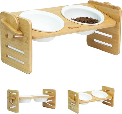 Erhöhte Katzen- & Hundenäpfe – Verstellbarer Keramik-Futternapf mit Bambus-Ständer – Upgraded Design: Geneigte + Flache Fütterungsfläche (40×16×16 cm) von COIWAI
