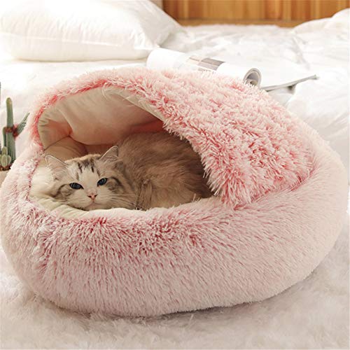 COJJ Flauschiges Katzenbett, rund, weiches Plüsch, Höhle mit Kapuze, Katzenbett, für den Winter, warm, Schlafkissen, rutschfest, maschinenwaschbar, für Katzen und Welpen von COJJ