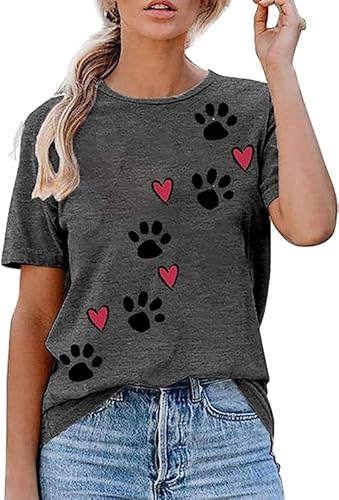Hundepfoten-T-Shirts für Hunde, Mutter, Katze, Mama, lässiger Haustier-Fußabdruck, grafisches Oberteil für Frauen, Grau, Größe L von COLORFUL BLING